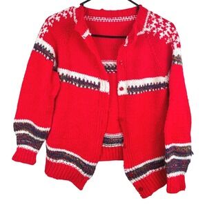 Vintage Grandmacore Red Fair Isle Knit Cardigan Sweater Women's Size M